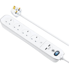 Load image into Gallery viewer, Masterplug 4 gang 2 metre Surge Extension Lead + 2 x USB Charging Point White
